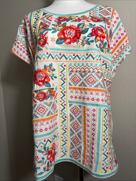 Savanna Jane Tops - Savanna Jane White Tunic with Coral, Teal & Yellow Embroidery